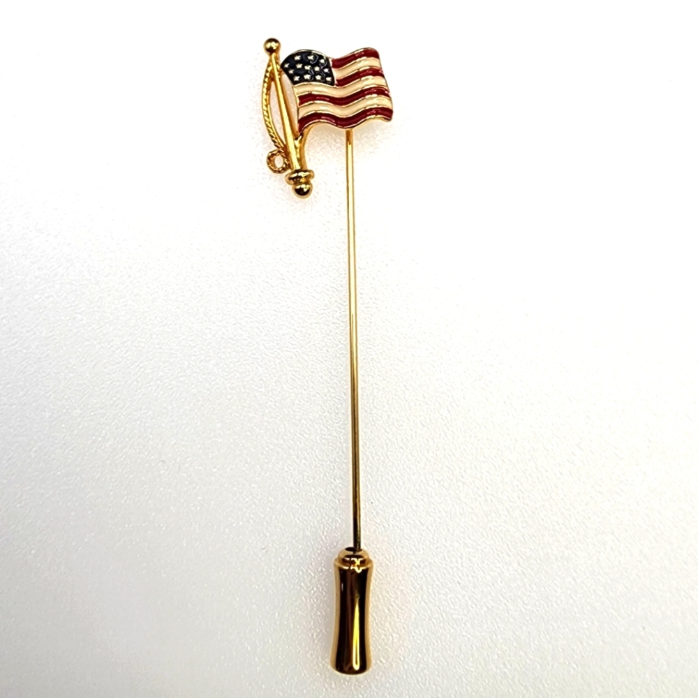 Waving American Flag Stick Pin, Gold Tone